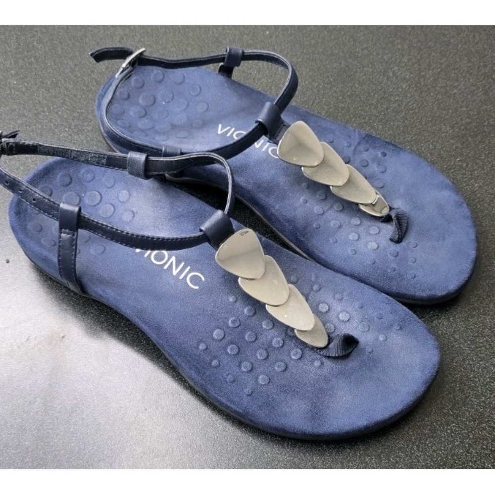 VIONIC Women 7 Miami Thong Sandals Flat Navy Silver Jewels Beach Strappy